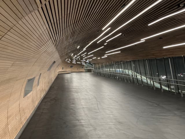 A modern, spacious interior with a curved wooden ceiling, sleek lighting, and large windows on one side. The floor is smooth and dark, creating a minimalist and futuristic atmosphere