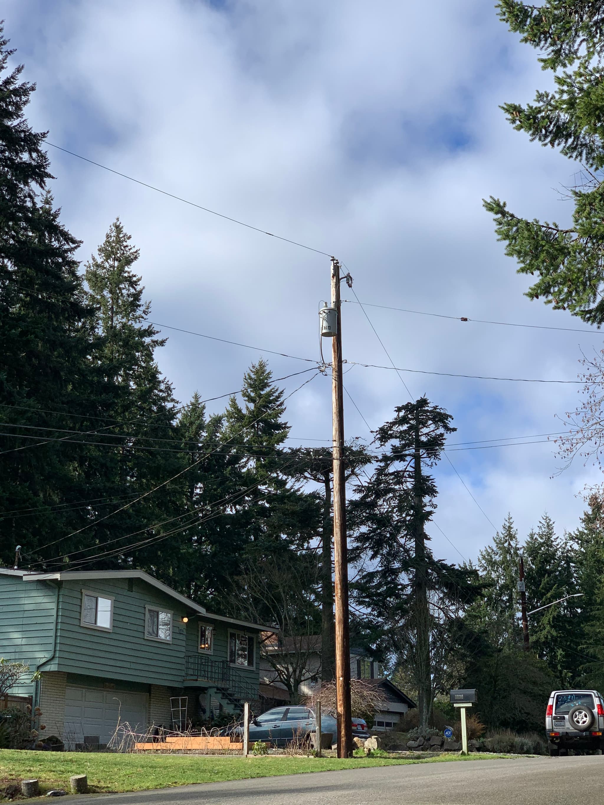 A suburban street with a green house, tall trees, a utility pole with wires, and a cloudy sky