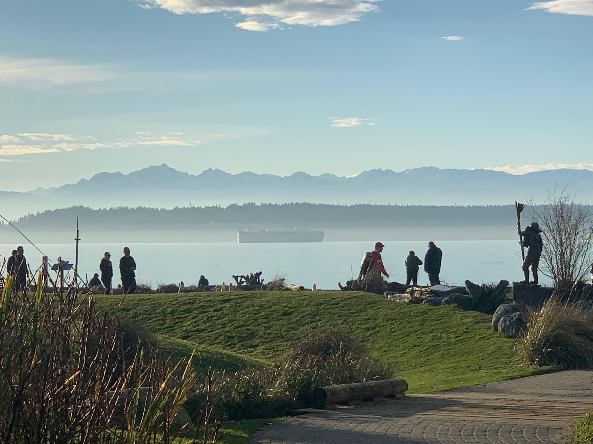 People walking and standing on a grassy area near the water, with a ship in the distance and mountains under a clear sky