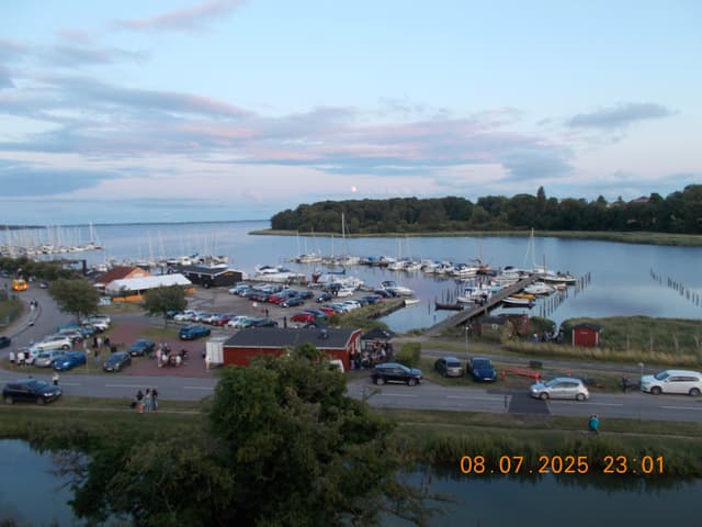 A marina with numerous boats docked, surrounded by parked cars and small buildings, set against a backdrop of calm water and a tree-lined horizon under a partly cloudy sky