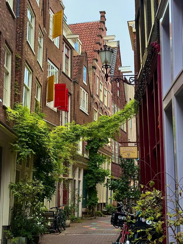 A narrow European street lined with brick buildings, featuring hanging plants, colorful flags, and bicycles