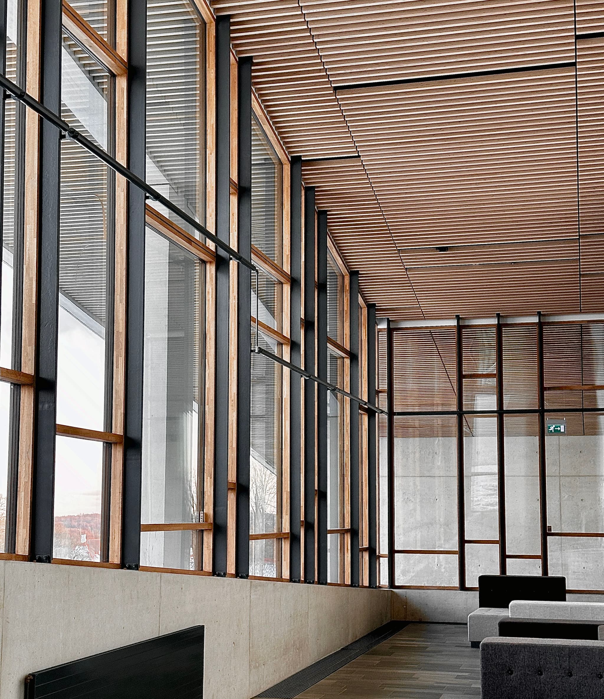 A modern interior with large windows, wooden ceiling panels, and minimalistic furniture